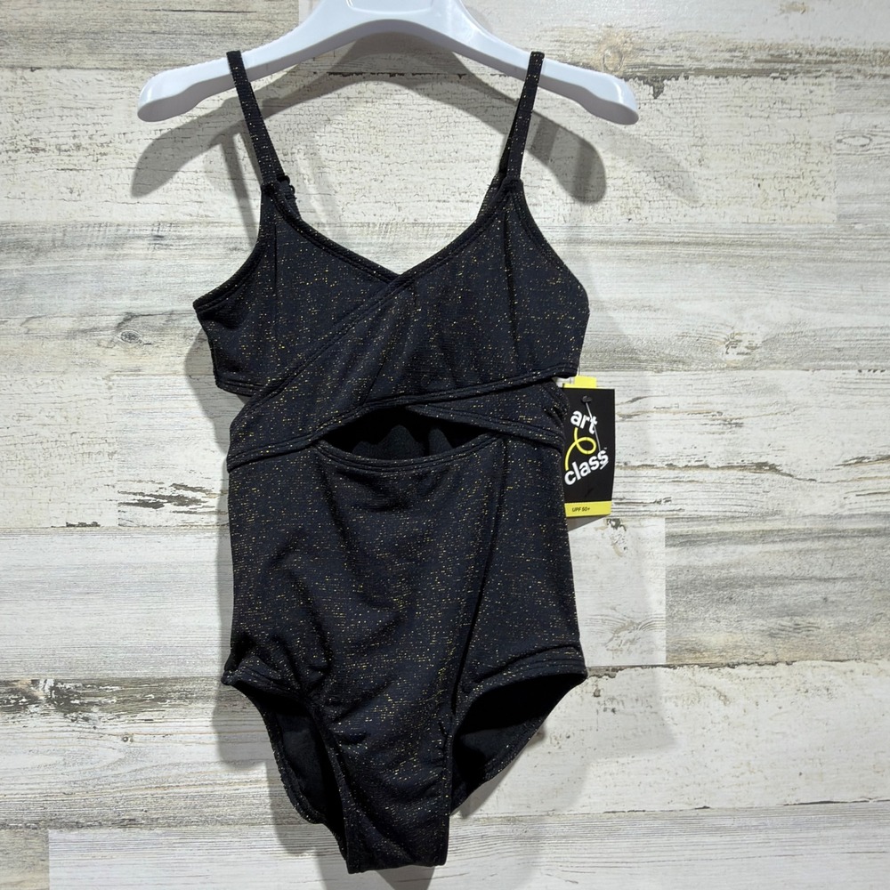 Art Class Swimsuit Girls 6/7 Black Gold Metallic Cutout Shimmer NWT